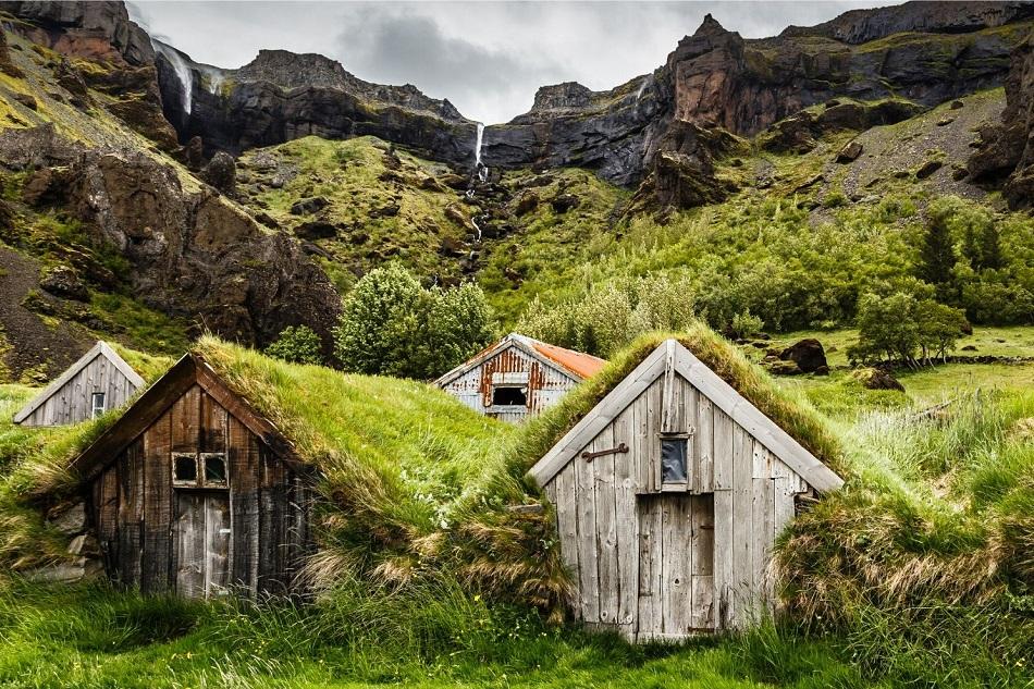 small wooden houses with moss rooftop in Iceland