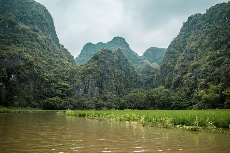 View of limestone mountains in Tam Coc, Ninh Binh Vietnam