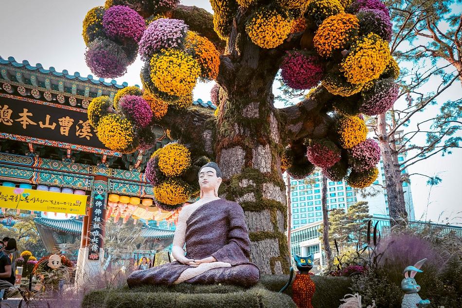 Entrance to Jogyesa Temple, flowers