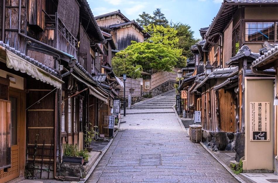 wooden houses and a narrow street in kyoto