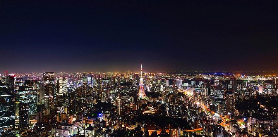 View over Tokyo at night with colorful lights