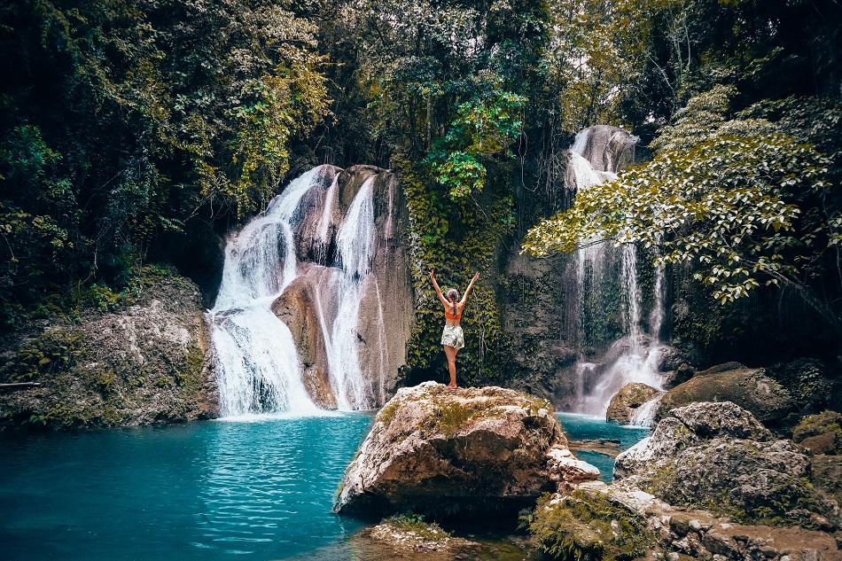 Girl in front of Dimiao Twin Falls in Bohol