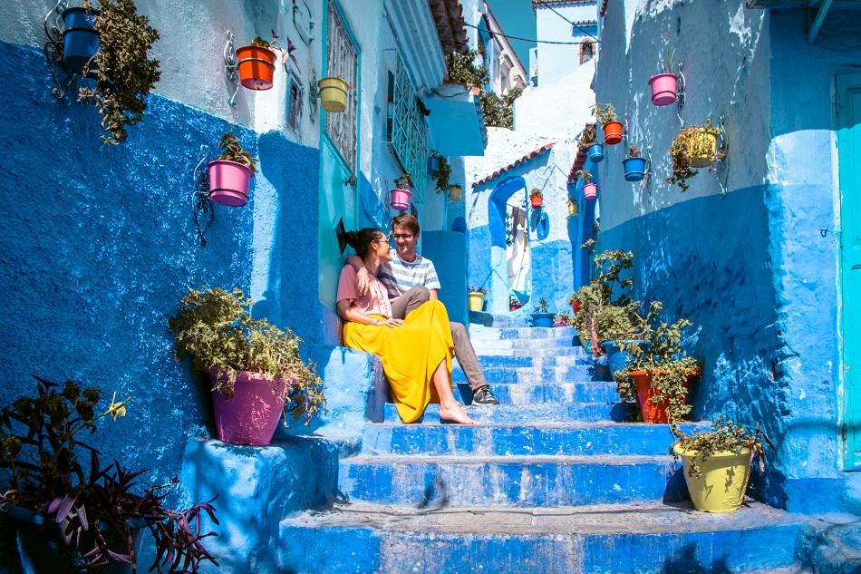 Famous stairs for photography in Chefchaouen, Morocco