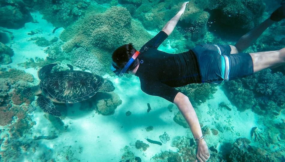 Boy snorkeling alongside a giant turtle at Apo Island, Philippines