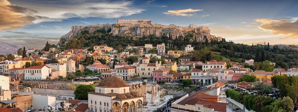 Sunset in Athens, view of acropolis and Monastiraki Square