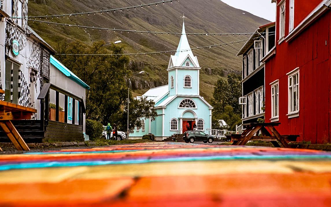 Iceland Colorful Street in Seydisfjordur. Rainbow Road Iceland