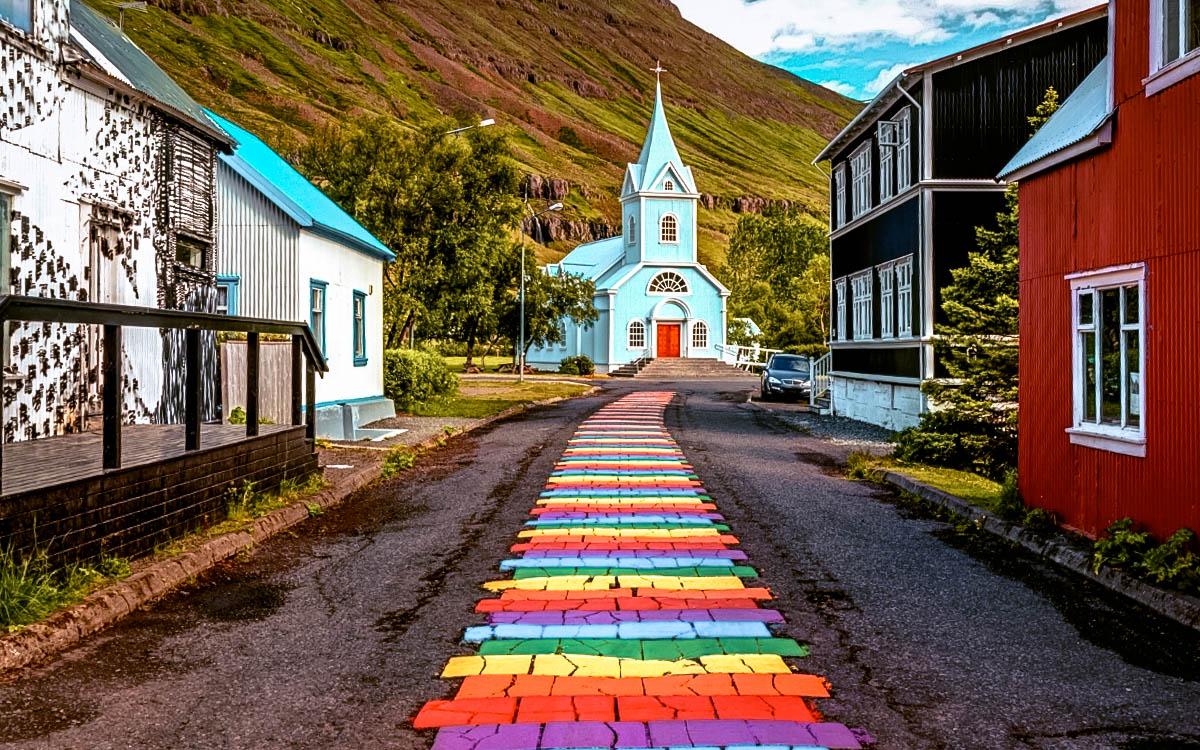 Iceland Colorful Street in Seydisfjordur. Rainbow Road Iceland