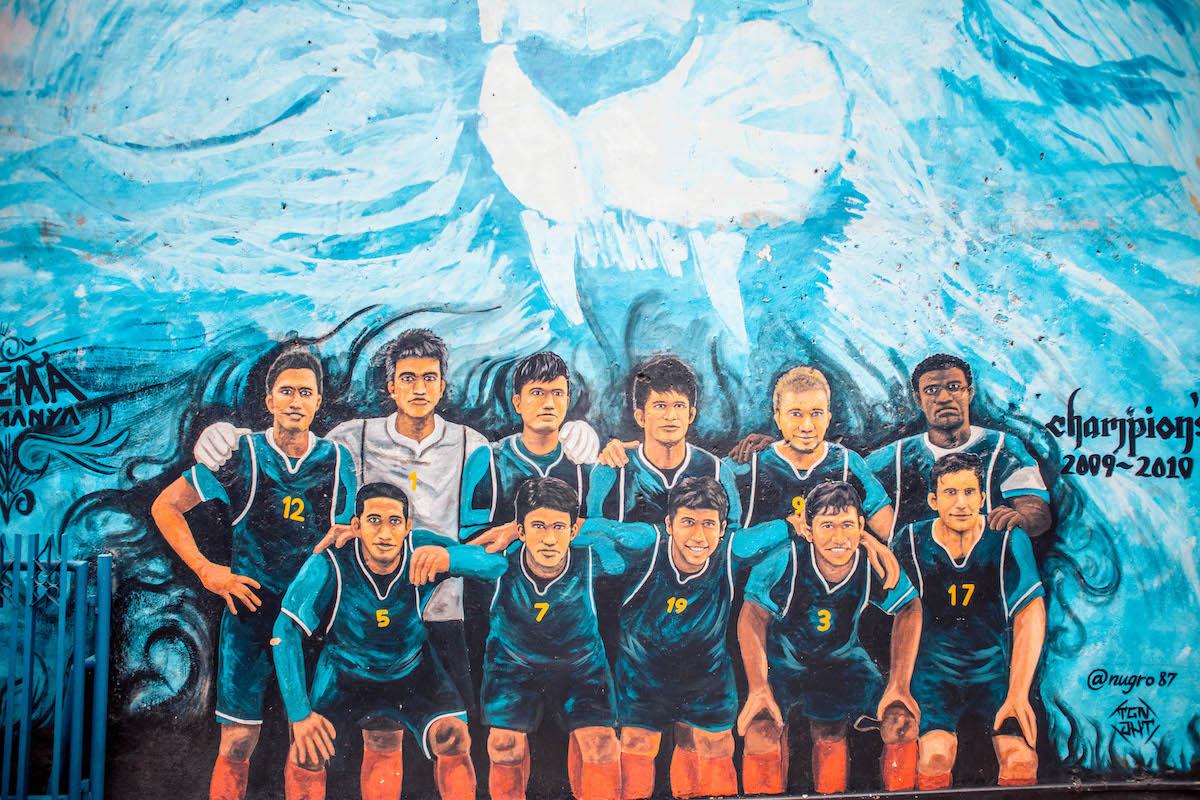 footbal team mural in Kampung Biru Arema, Blue City in Malang Java Island, Indonesia