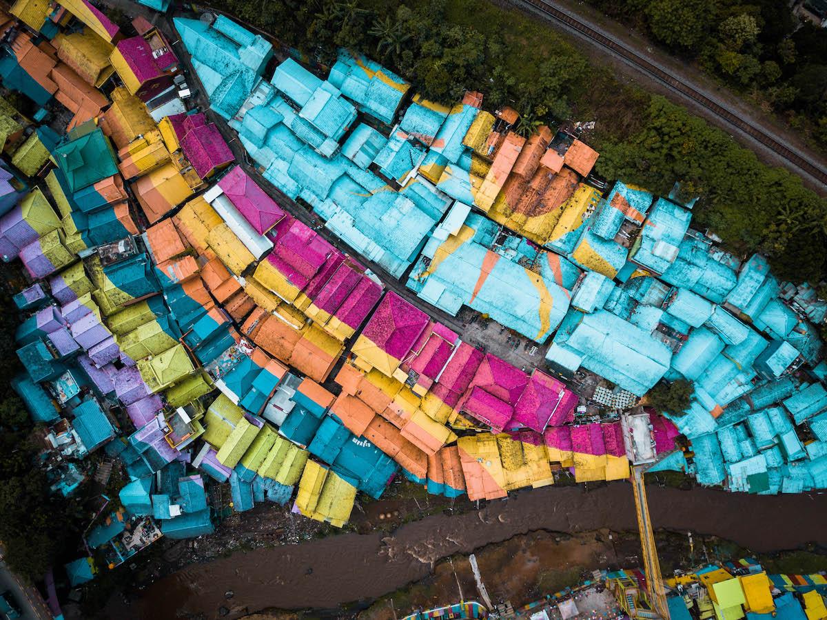 Kampung Warna Warni Jodipan - Rainbow Village in Malang, Island Java - drone view