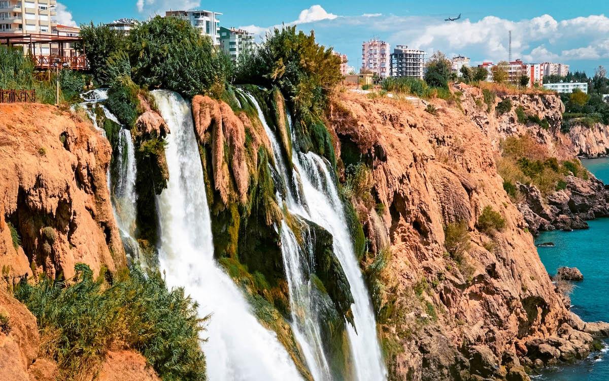 Duden Waterfall flowing into the Mediterranean Sea